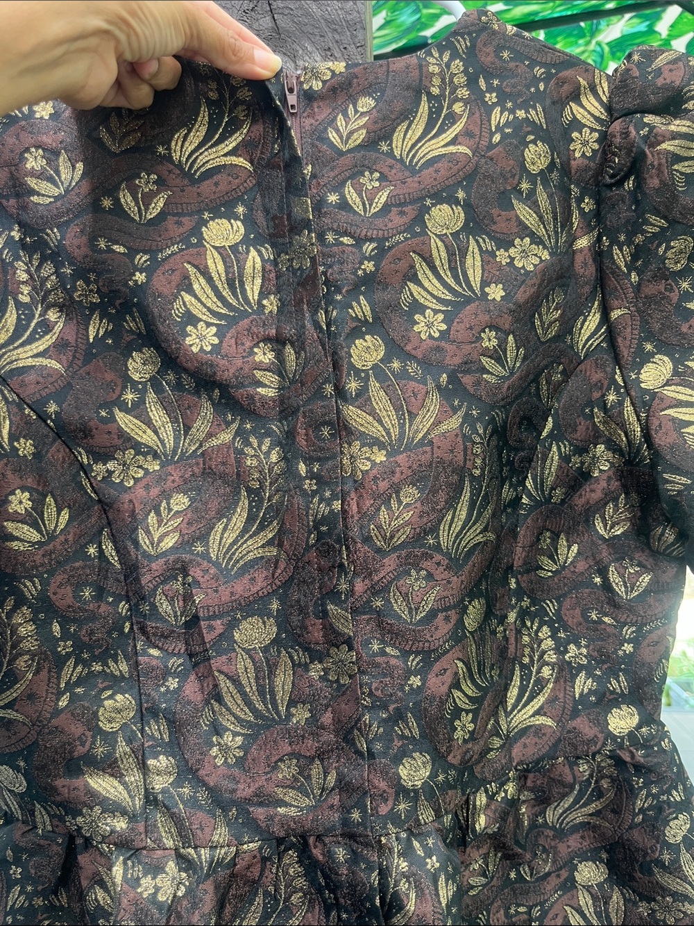 Disturbia NWT Rena Snake Jacquard Puff Sleeve Mini Dress Brown Gold Metallic Sz8 - Picture 16 of 17